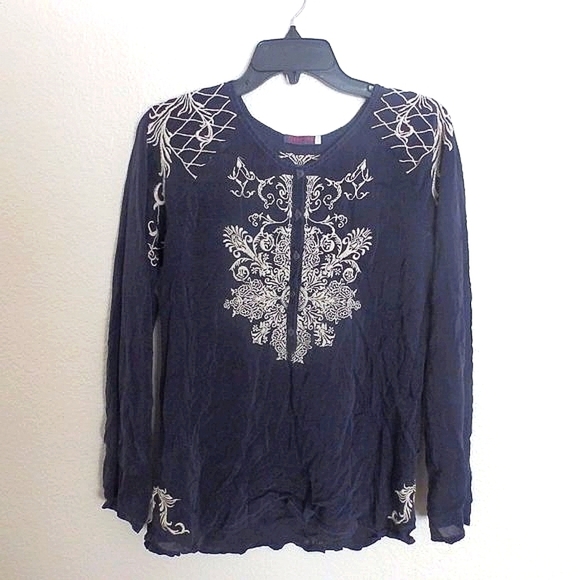 Johnny Was embroidered crew neck buttoned cupra rayon long sleeve blouse sz S - Picture 2 of 8